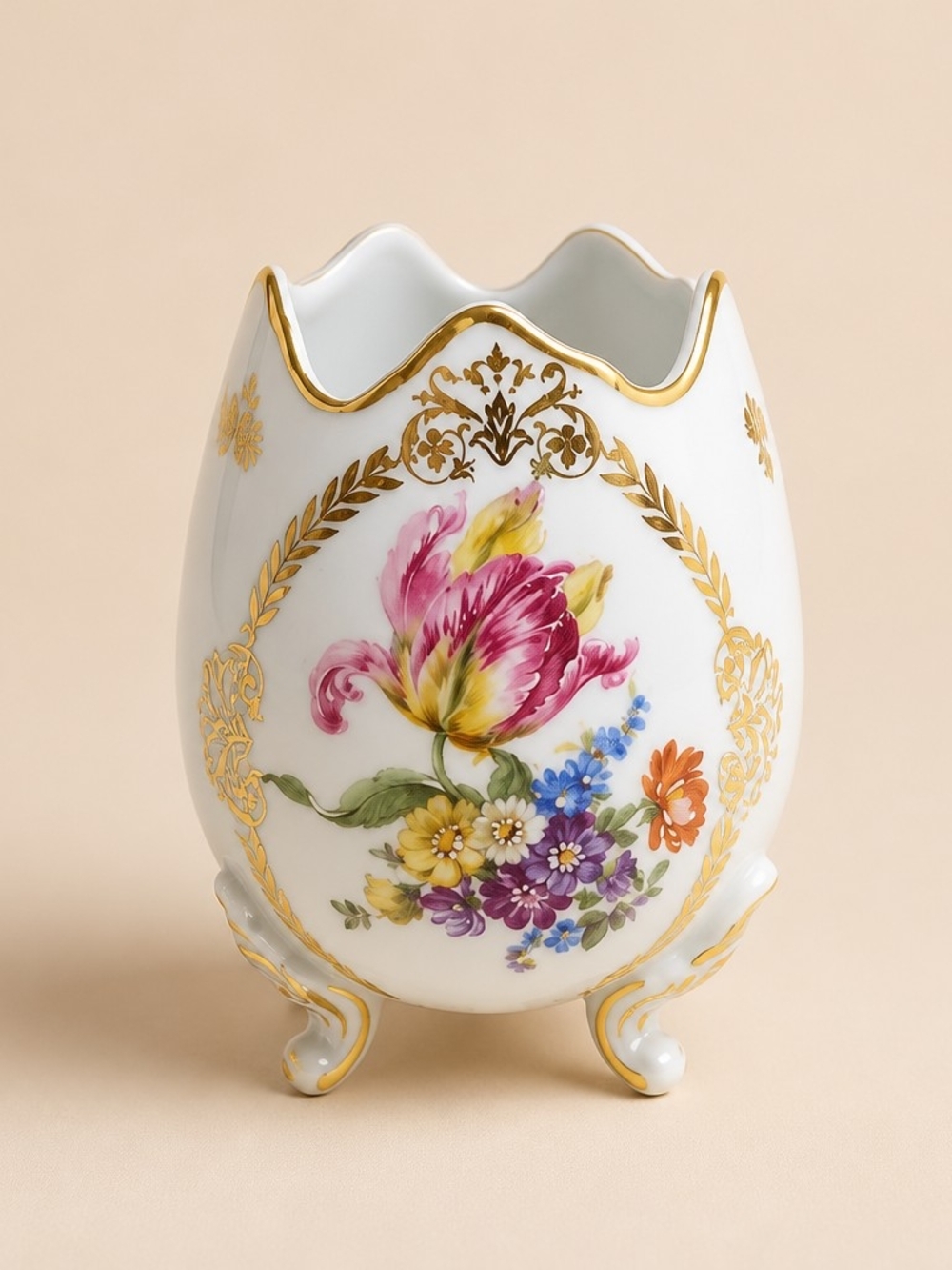 Limoges White Porcelain Floral Egg Vase with Gold Trim